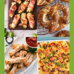 A collage of Super Bowl appetizers: bacon-wrapped jalapeño poppers, soft pretzels with salt, cheesy breadsticks with marinara sauce, and a baked casserole topped with cheese and olives.