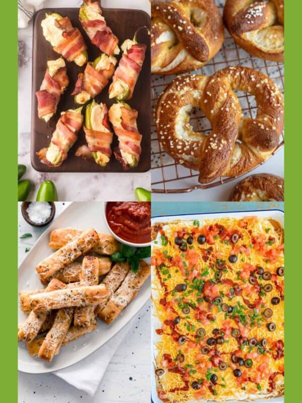 A collage of Super Bowl appetizers: bacon-wrapped jalape&ntilde;o poppers, soft pretzels with salt, cheesy breadsticks with marinara sauce, and a baked casserole topped with cheese and olives.