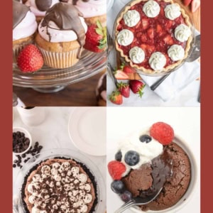 A collage of four valentine's day desserts: chocolate-covered strawberry cupcakes, a strawberry tart with whipped cream, a chocolate pie topped with whipped cream and chocolate shavings, and a chocolate cake with berries.