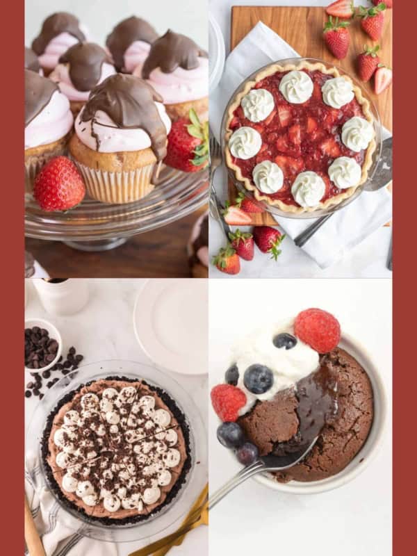 A collage of four valentine's day desserts: chocolate-covered strawberry cupcakes, a strawberry tart with whipped cream, a chocolate pie topped with whipped cream and chocolate shavings, and a chocolate cake with berries.
