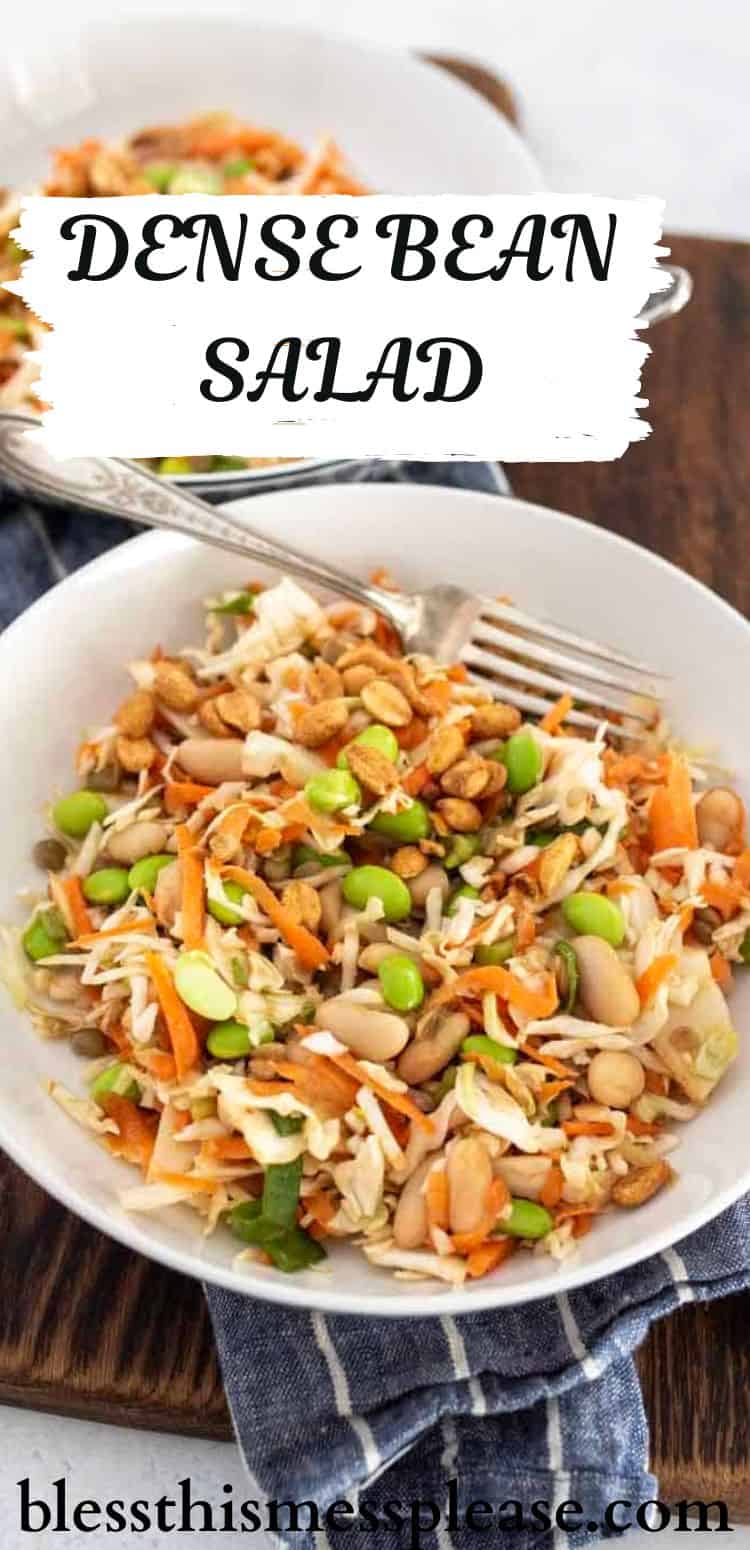 A bowl of dense bean salad recipe featuring edamame, shredded carrots, cabbage, and sunflower seeds sits on a blue plaid napkin. Text on image reads Dense Bean Salad and blessthismessplease.com.