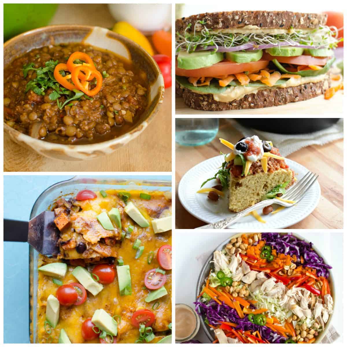 A collage of five dishes: lentil soup in a bowl topped with herbs and peppers, a veggie sandwich with whole grain bread, a slice of cornbread with toppings, cheesy casserole with avocado and tomatoes, and a colorful salad with veggies and chicken.