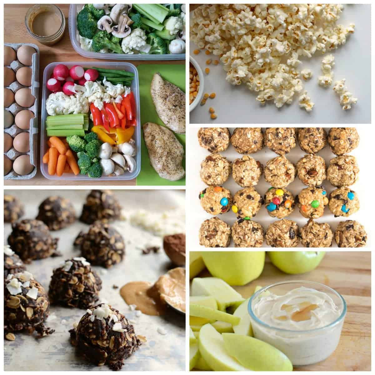 A collage showing meal-prepped containers with eggs, chicken, and vegetables, scattered popcorn, oatmeal energy balls with and without candy, chocolate oat balls, and apple slices with a small bowl of yogurt dip.