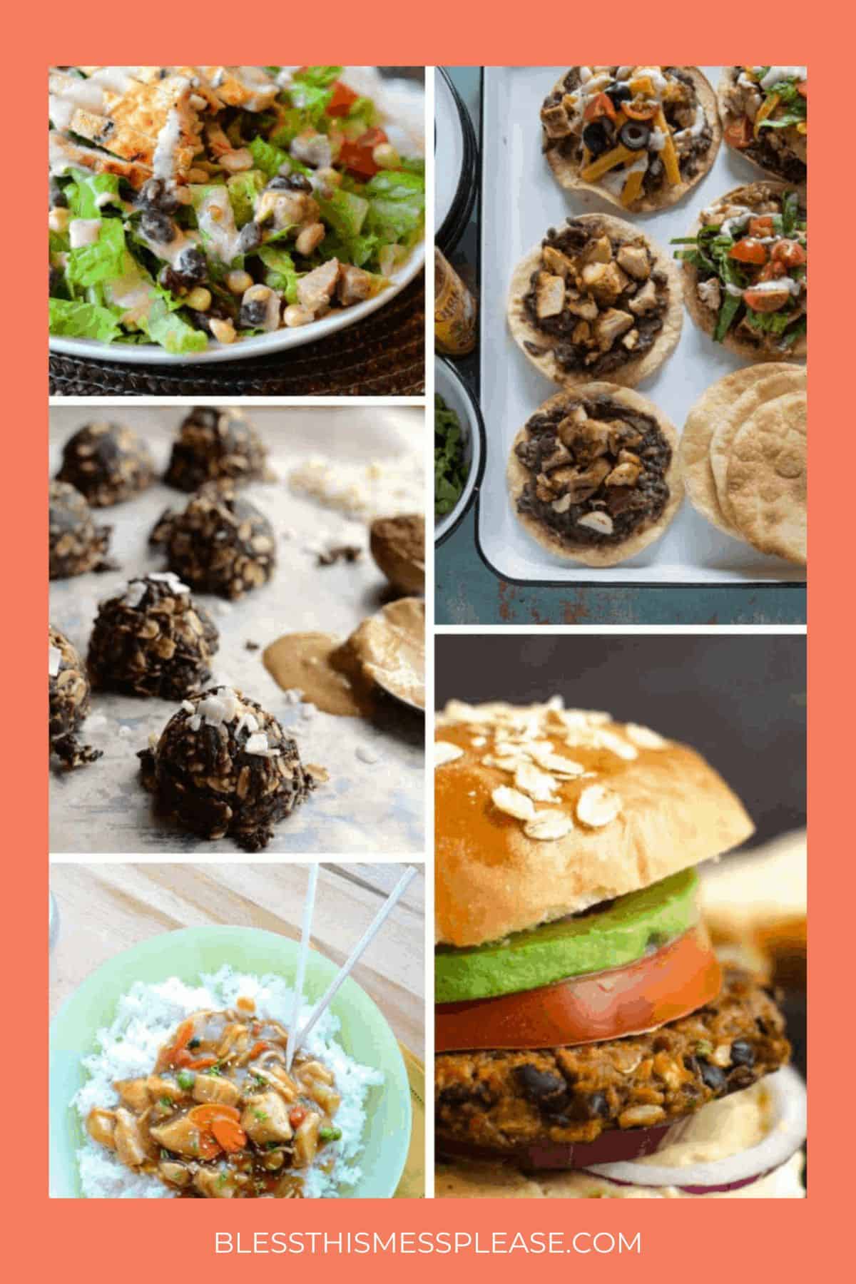 A collage of five vegetarian black bean recipes, including salads, pizzas, energy bites, a rice bowl with veggies, and a black bean burger on a bun with avocado. The website blessthismessplease.com is noted at the bottom.