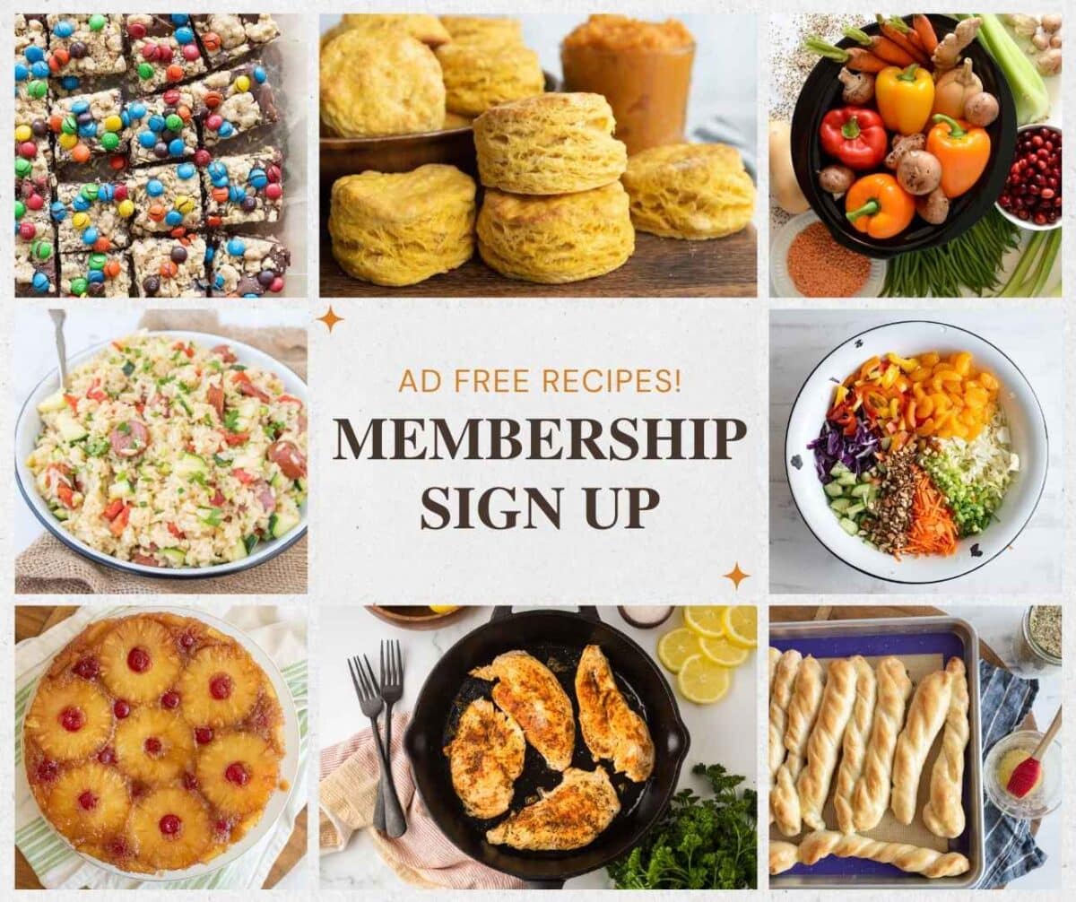 A collage of colorful dishes including biscuits, stuffed peppers, salad, cookies, breadsticks, chicken, rice salad, and fruit pie surrounds a sign that reads &ldquo;Ad Free Recipes! Membership Sign Up.&rdquo;.