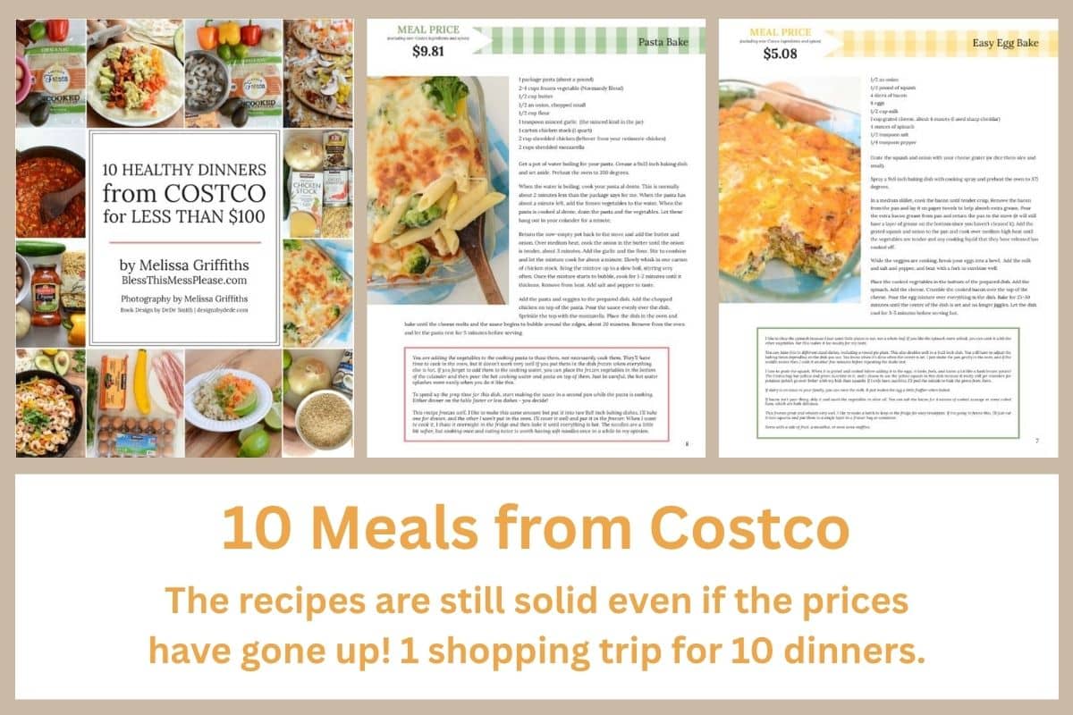 A preview of a meal plan guide titled 10 Healthy Dinners from COSTCO for LESS THAN $100 showing sample recipe pages and dishes, with text: 10 Meals from Costco. The recipes are still solid even if the prices have gone up! 1 shopping trip for 10 dinners.
