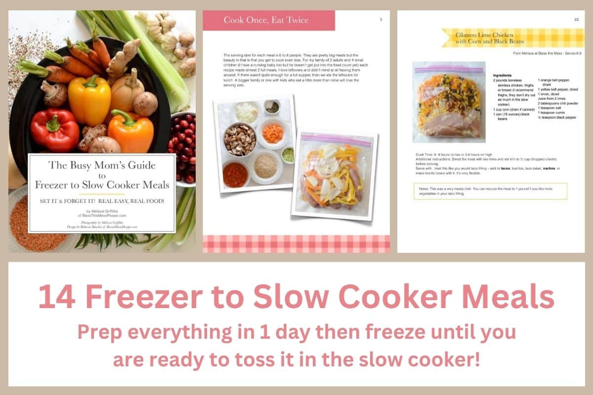 Image of a cookbook titled The Busy Moms Guide to Freezer to Slow Cooker Meals with photos of vegetables, sample recipe pages, and the text: 14 Freezer to Slow Cooker Meals. Prep everything in 1 day, then freeze.