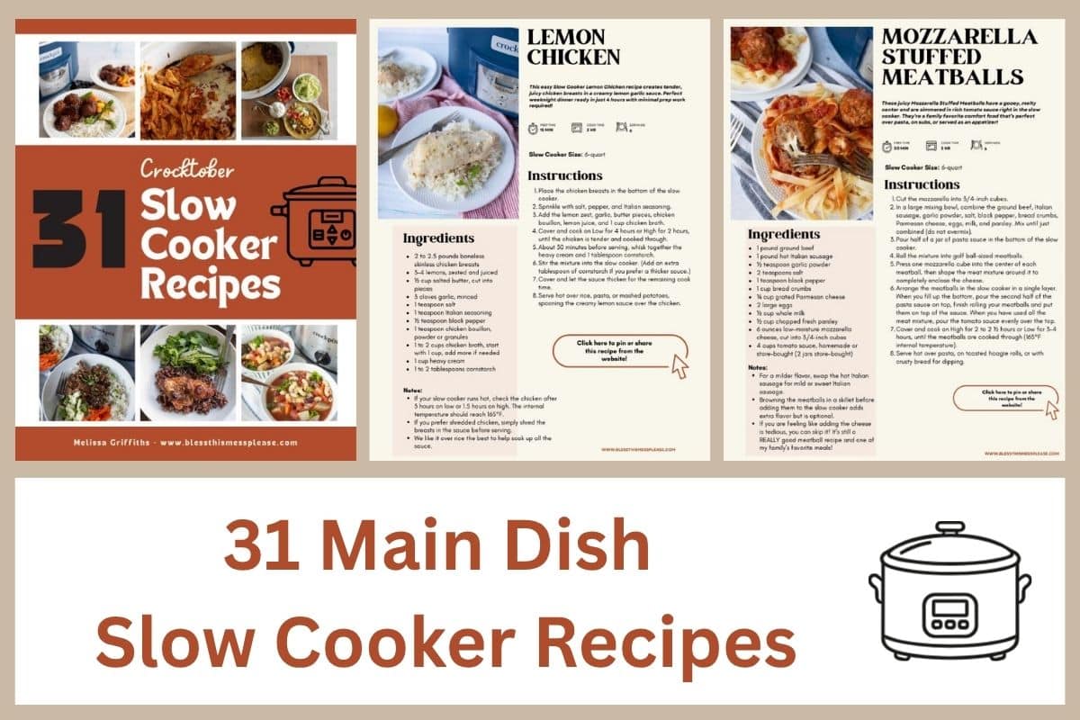 Image showing a cookbook cover and sample pages titled 31 Slow Cooker Recipes, with images of prepared dishes, recipe instructions for Lemon Chicken and Mozzarella Stuffed Meatballs, and a slow cooker illustration.
