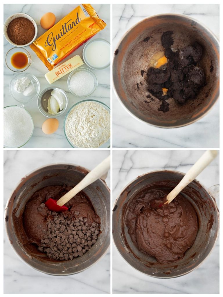 Four images show the process of making chocolate cookie dough: ingredients arranged on a counter, dough forming in a bowl, chocolate chips being added, and the final mixed dough with a spatula.