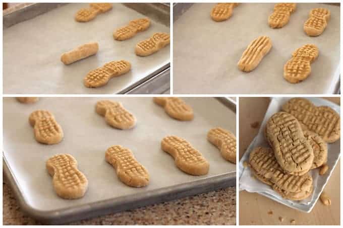 Four images show the process of making peanut-shaped cookies: dough shaped and placed on a baking tray, pressed with a fork, and finally a stack of baked cookies on parchment paper.