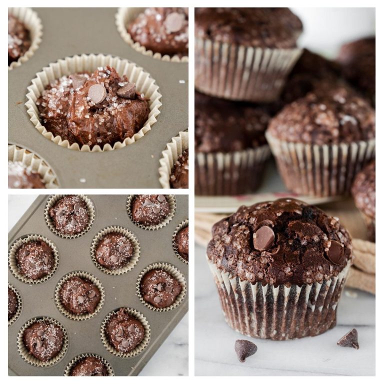 A collage of four images showing chocolate muffins: muffins in a baking tray, a close-up of a single muffin, a group of stacked muffins, and a tray of muffins topped with chocolate chips and sugar.