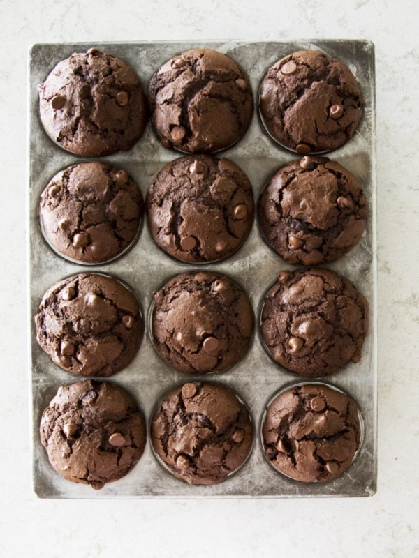 A muffin tin holds twelve freshly baked double chocolate chip muffins, each with a domed top and visible chocolate chips, set on a light-colored countertop.