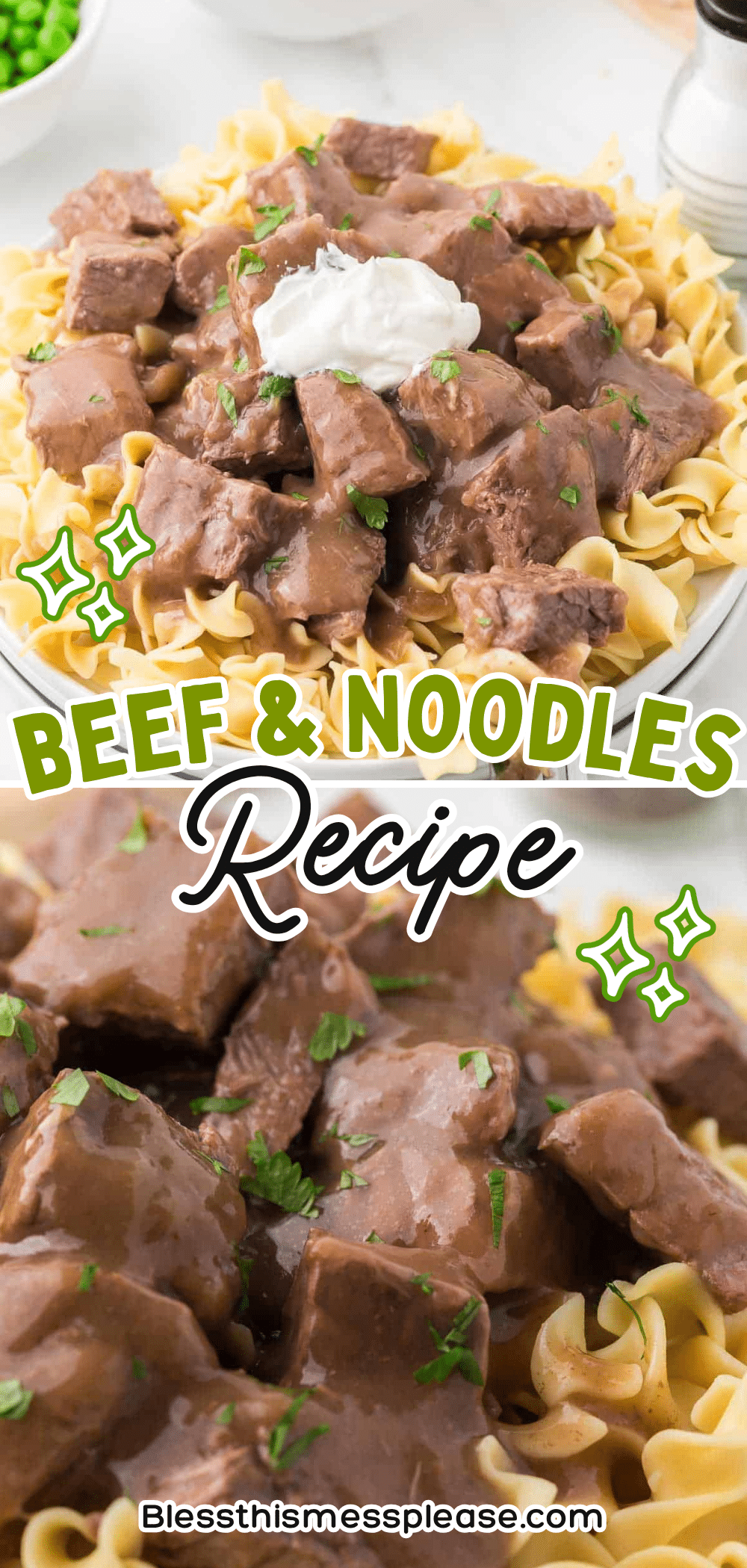 A plate of beef and noodles topped with a dollop of sour cream, garnished with chopped herbs. Text on the image reads Easy Round Steak Beef & Noodles Recipe. Pasta and meat are served on a white plate.