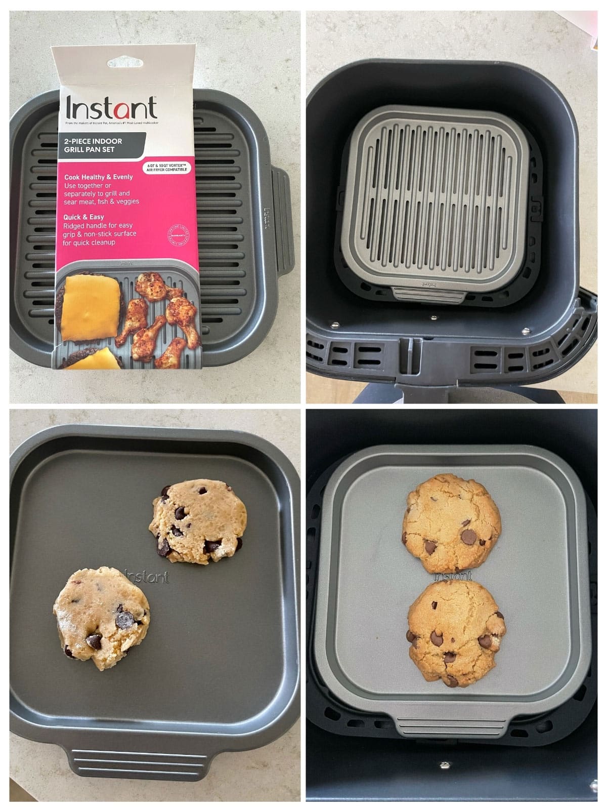 Four images: the top left shows the packaging and tray of an Instant 2-piece indoor grill pan set; the top right shows the empty grill pan; the bottom left shows two unbaked cookies on the tray; the bottom right shows two baked cookies.