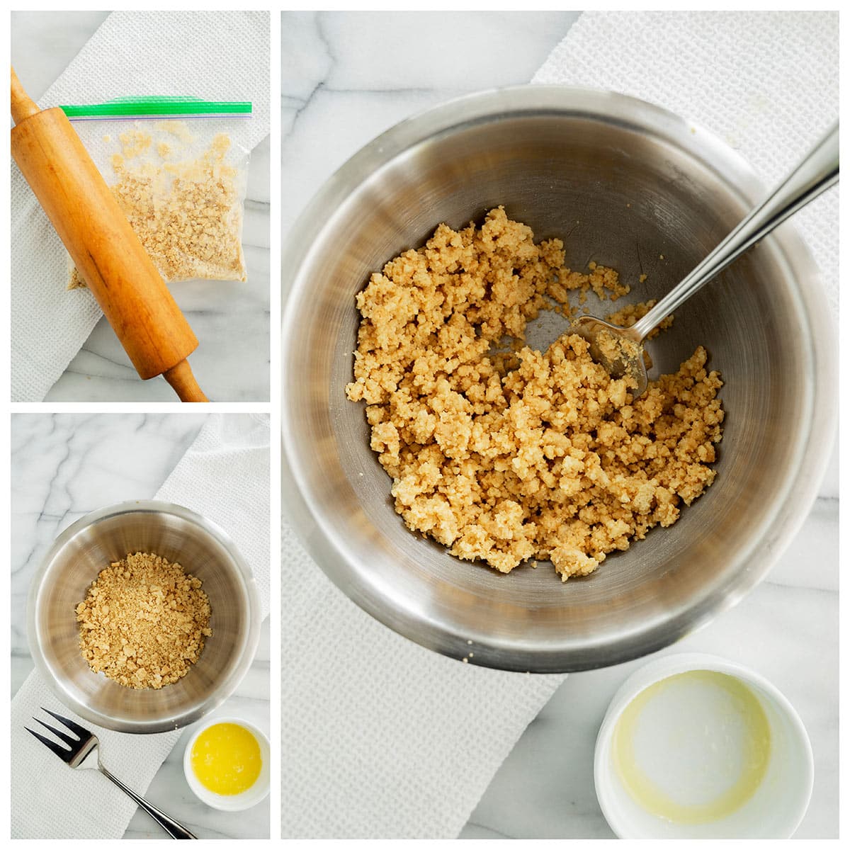 A collage shows graham crackers being crushed in a bag with a rolling pin, the crumbs placed in a metal bowl, and mixed with melted butter, with a spoon and fork beside bowls of butter and crumbs on a white surface.