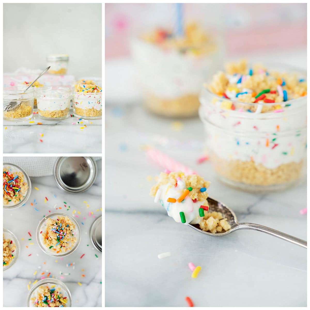 Collage of individual mini birthday cake parfaits in jars, topped with whipped cream and colorful sprinkles. One image shows a spoonful of parfait on a marble surface with scattered sprinkles.
