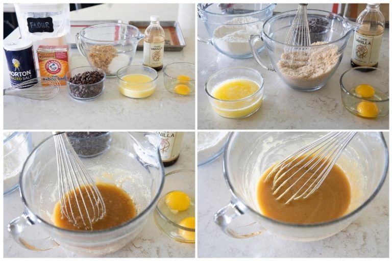 Four photos show cookie ingredients and mixing steps: flour, sugar, salt, baking soda, eggs, butter, vanilla, and chocolate chips on a counter, then various stages of mixing wet and dry ingredients in clear bowls with a whisk.