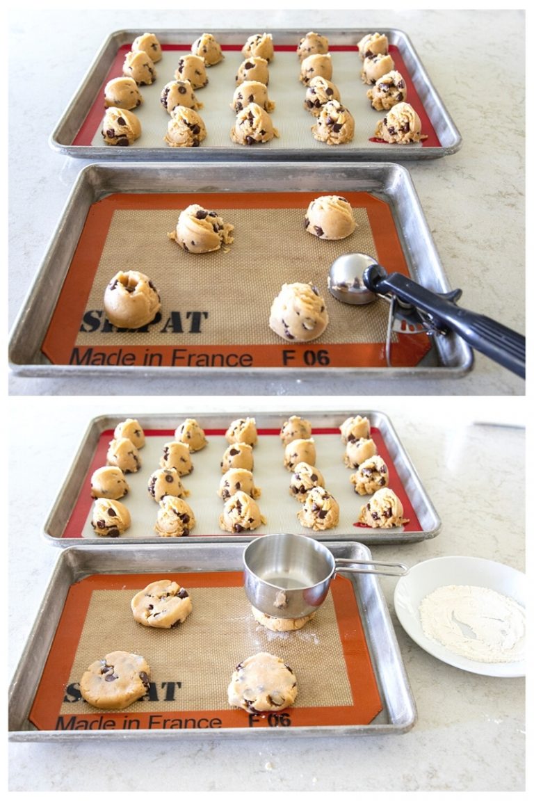 Two baking trays lined with silicone mats, each holding scoops of chocolate chip cookie dough. The first image shows dough being portioned with a scoop. In the second, a measuring cup and plate with flour are visible.