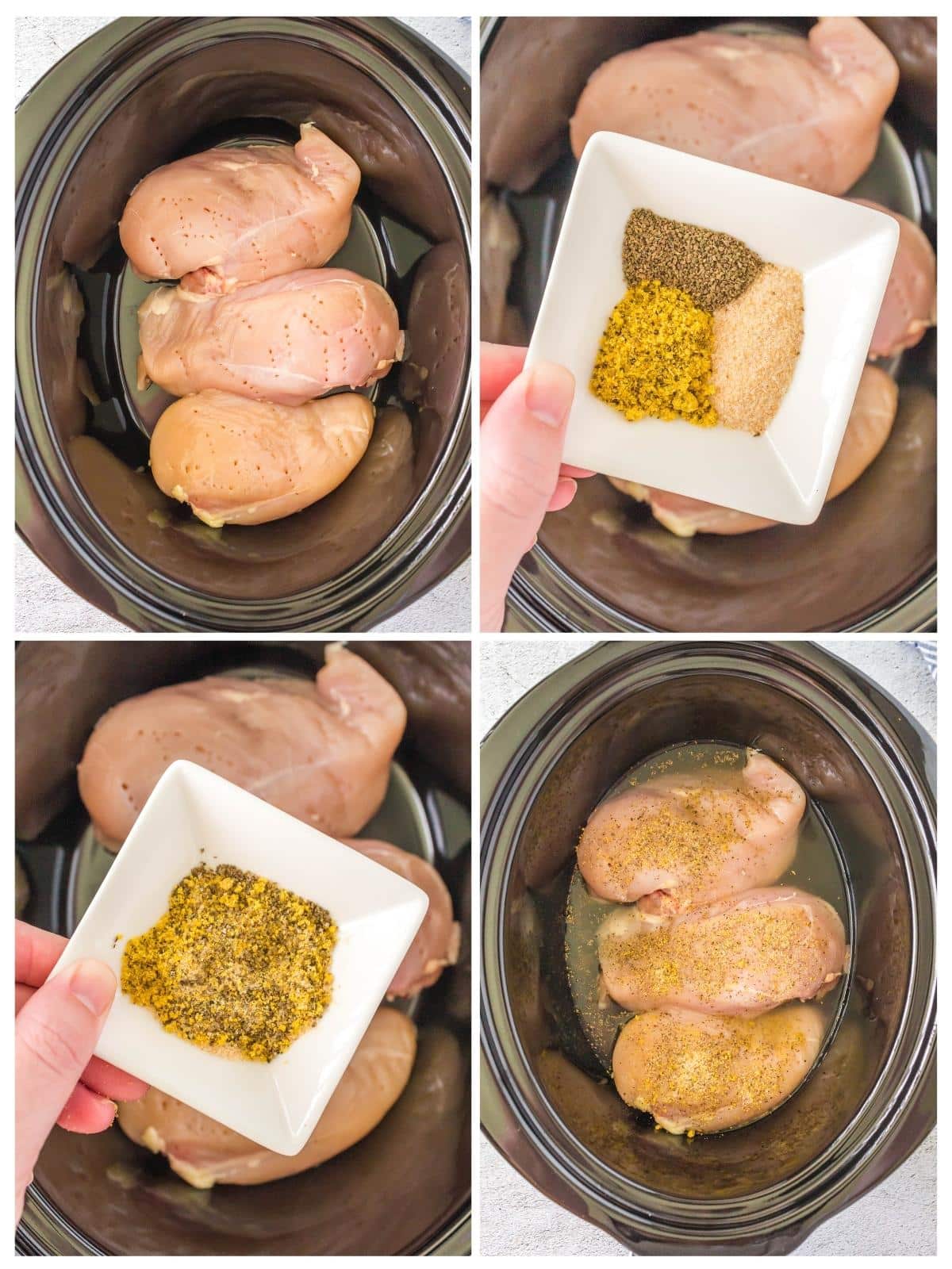 Four-step collage: raw chicken breasts in a slow cooker, seasoning mix held above, seasonings sprinkled over chicken, and chicken fully coated and ready to cook.