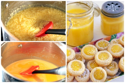 Collage showing lemon curd being cooked in a pot, poured into jars, and used as filling in thumbprint cookies dusted with powdered sugar.