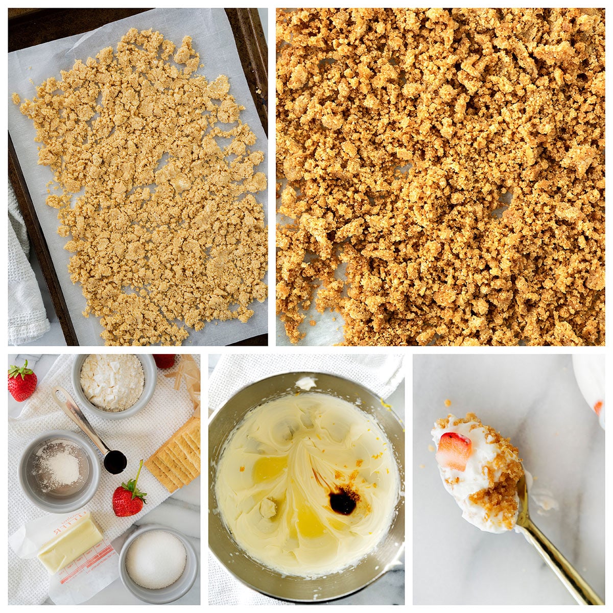 Collage showing graham cracker crumbs on a tray, a close-up of the crumbs, baking ingredients on a table, whipped cream cheese mixture in a bowl, and a spoonful of dessert with a strawberry.