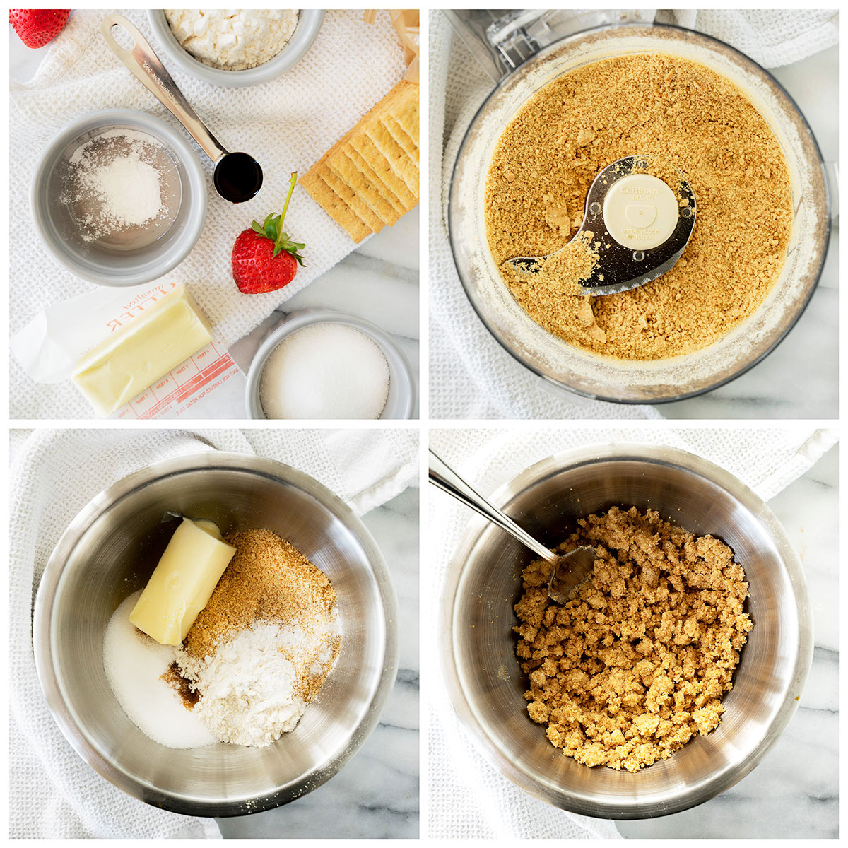 Four steps show making a graham cracker crust: gathering ingredients, blending crackers in a processor, mixing with butter and sugar, and the finished crumb mixture in a metal bowl with a spoon.