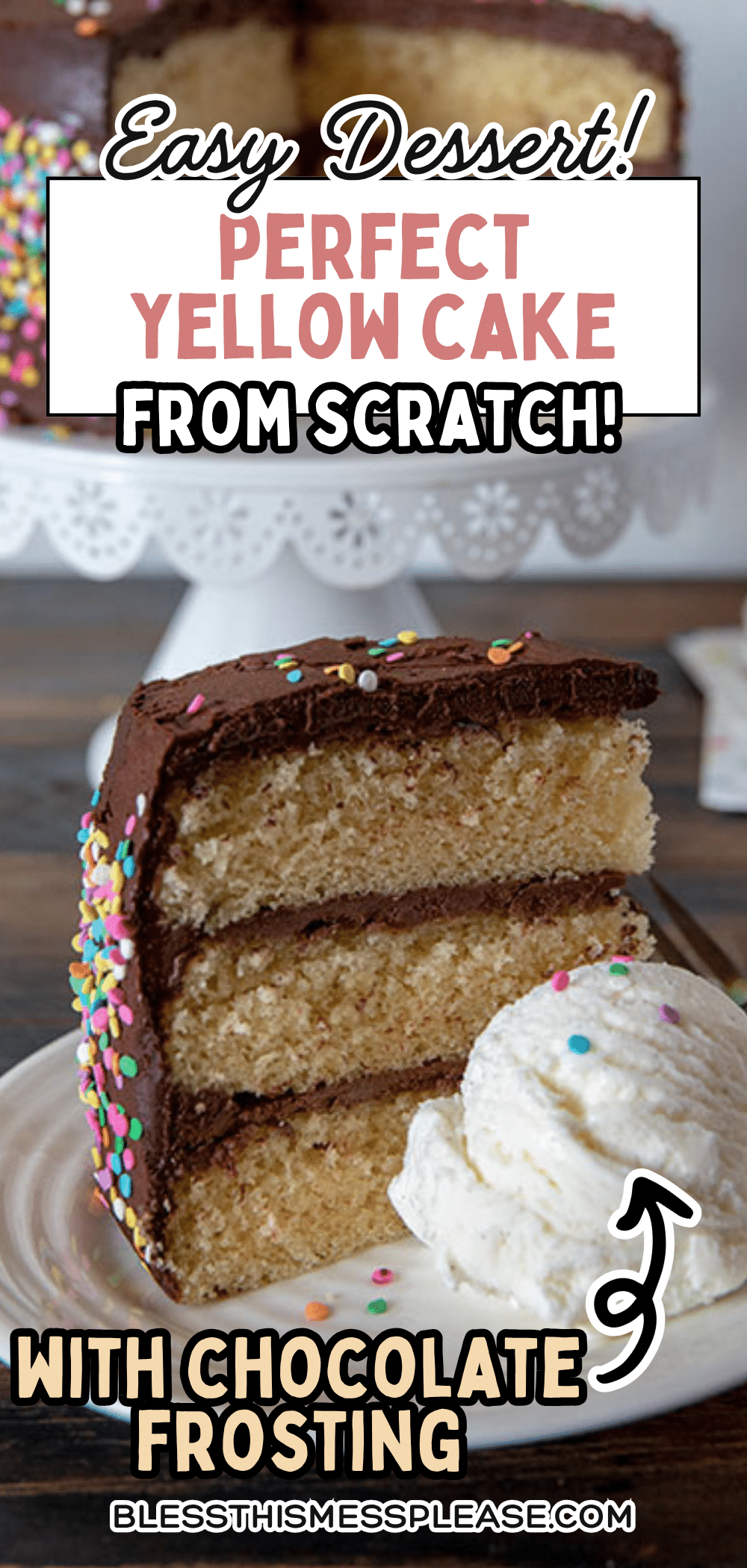 A slice of yellow cake with chocolate frosting and colorful sprinkles is served with a scoop of vanilla ice cream. The text promotes an easy yellow cake dessert with chocolate frosting made from scratch.
