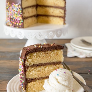 A slice of three-layer vanilla cake with chocolate frosting and sprinkles is served on a plate with a scoop of vanilla ice cream. The rest of the cake is on a stand in the background.