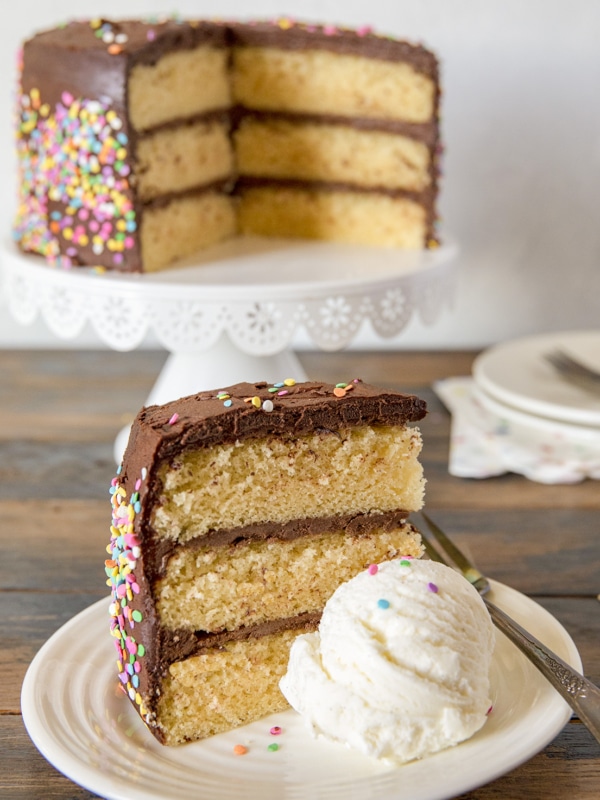 A slice of three-layer vanilla cake with chocolate frosting and sprinkles is served on a plate with a scoop of vanilla ice cream. The rest of the cake is on a stand in the background.