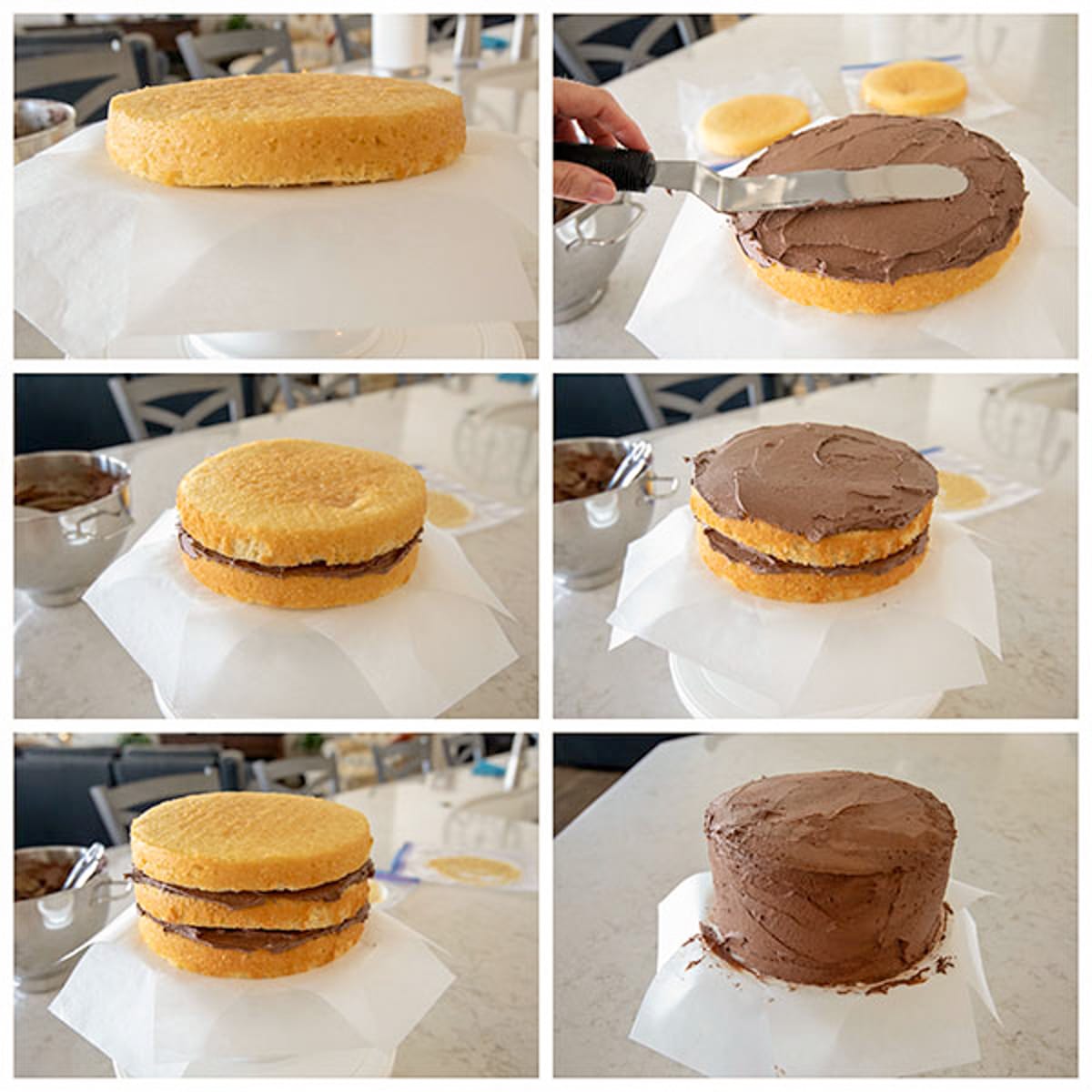 Six-step collage showing the process of frosting a layered yellow cake with chocolate icing, from spreading frosting on layers to covering the entire cake.